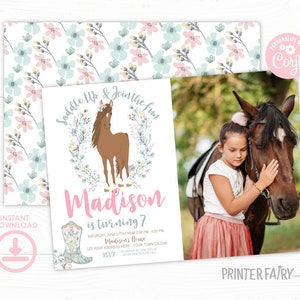 Horse Birthday Invitation with photo, Cowgirl Invitation, Pony Party Invitation, Horse Invites, Floral Birthday Invitation, INSTANT DOWNLOAD image 5