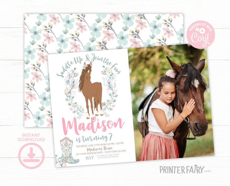 Horse Birthday Invitation with photo, Cowgirl Invitation, Pony Party Invitation, Horse Invites, Floral Birthday Invitation, INSTANT DOWNLOAD image 5