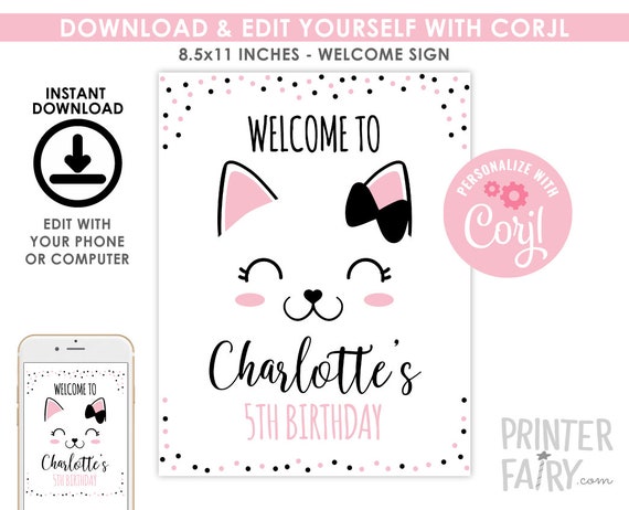 Kitty Cat Welcome Sign, EDITABLE, Kitty Birthday Decorations, Digital Sign, Cat Welcome Sign, INSTANT DOWNLOAD Il_570xn