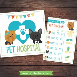May include: A printable pet hospital themed activity sheet with a checklist for a vet check-up. The checklist includes items like eyes, nose, heart, ears, tail, and paws.  The sheet also includes a section for circling how you will fix it with options like bandaid, medicine, and shot.