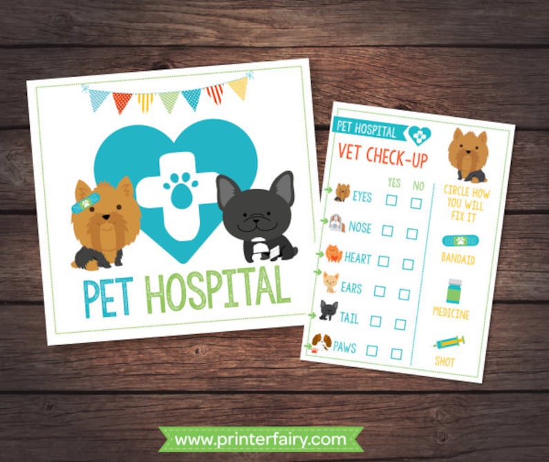 May include: A printable pet hospital themed activity sheet with a checklist for a vet check-up. The checklist includes items like eyes, nose, heart, ears, tail, and paws.  The sheet also includes a section for circling how you will fix it with options like bandaid, medicine, and shot.