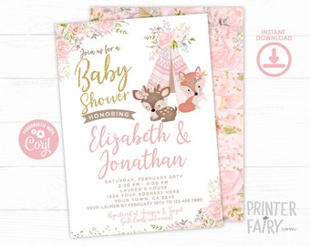 Woodland Baby Shower Invitation, EDITABLE, Girl Baby Shower, Floral Baby Shower Invite, Deer Invitation, Forest Shower, Instant Download