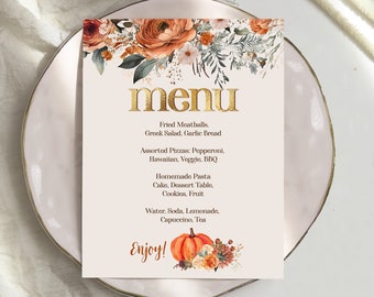 Floral Pumpkin Party Menu: Little Pumpkin Thanksgiving Dinner Table Sign, Pumpkin Patch Decoration, Editable with Corjl