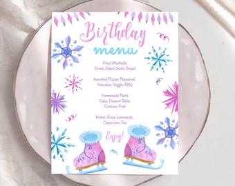 Ice Skating Party Menu, Editable Winter Wonderland Dinner Table Sign, Snowflake Birthday Party Decoration, Printable, Instant Download