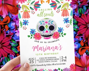 Editable Day of the Dead Birthday Invitation, Dia de los muertos Birthday Party, Halloween Invitation, Sugar Skull Invitation EDIT YOURSELF