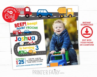 EDITABLE, Transportation Birthday Invitation, Firetruck, Police Invitation, Truck Invitations, City Birthday Party, INSTANT DOWNLOAD