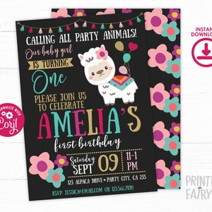 May include: A black and white llama with a colorful saddle and balloons is featured on a birthday invitation. The invitation is for Amelia's first birthday party and includes the text "Calling all party animals! Our baby girl is turning one. Please join us to celebrate Amelia's first birthday. Saturday Sept 09 11-1 PM 123 Alpaca Drive Party City, CA 235 RSVP Jessica@email.com or 123.566.7890"