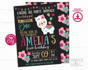 Llama Birthday Invitation, EDITABLE, Llama First Birthday Invitation, Alpaca Invitation, Animal Invitation, Llama birthday, INSTANT DOWNLOAD