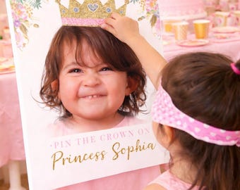 Princess Birthday Party Gepersonaliseerde Pin the Crown-spel met jouw foto, digitaal afdrukbaar ontwerp