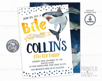 Shark Invitation, EDITABLE, Shark Birthday Invitation, Pool Party, Shark Invite, EDIT YOURSELF Digital Invitation, Instant Download