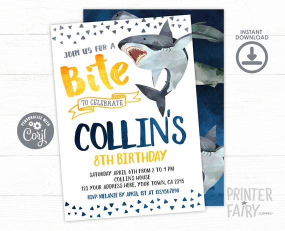 Shark Invitation, EDITABLE, Shark Birthday Invitation, Pool Party, Shark Invite, EDIT YOURSELF Digital Invitation, Instant Download Il_570xn
