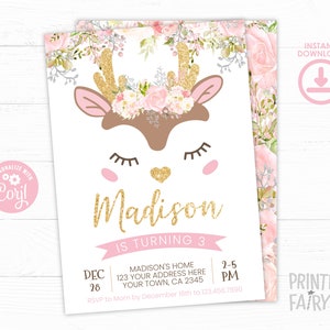 Deer Birthday Invitation, Floral Woodland Birthday Invitation, EDITABLE, Winter Birthday Party, DIGITAL, Pink and Gold, Instant Download image 1