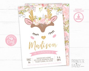 Deer Birthday Invitation, Floral Woodland Birthday Invitation, EDITABLE, Winter Birthday Party, DIGITAL, Pink and Gold, Instant Download