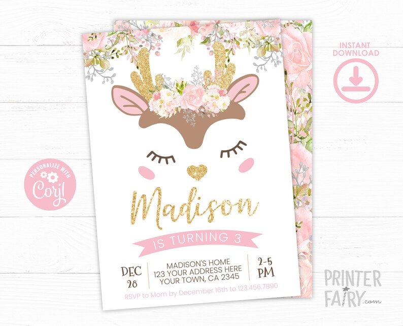 Deer Birthday Invitation, Floral Woodland Birthday Invitation, EDITABLE, Winter Birthday Party, DIGITAL, Pink and Gold, Instant Download image 1
