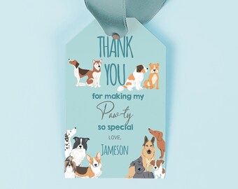 May include: Blue thank you tag with the text "Thank You for making my Paw-ty so special. Love, Jameson."  The tag is decorated with cartoon dogs in various poses.