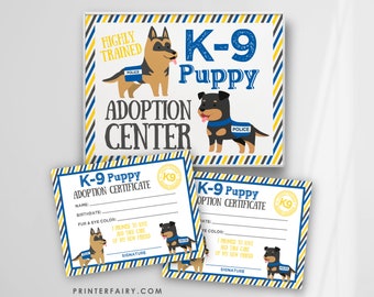 K9 Puppy Adoption Sign and Certificate, Police Birthday Party, Pet adoption Party, Pet Adoption Decorations, INSTANT DOWNLOAD