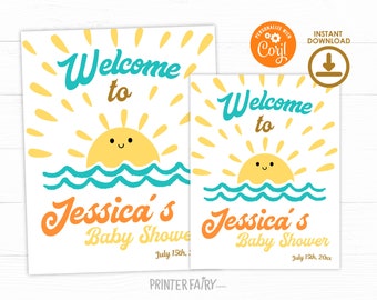 Here Comes the Sun Baby Shower Welcome Sign, Editable Template, Baby Shower Boho Sunshine Party, Baby Shower Party Sign, Printable, Download