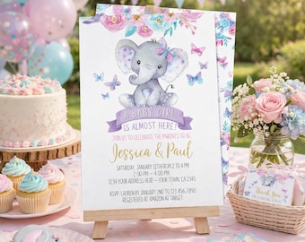 Floral Elephant Baby Shower Invitation, Girl Jungle Safari, Editable Digital Invite
