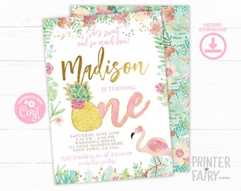 Flamingo First Birthday Invitation, EDITABLE, Pineapple 1st Birthday Invitation, Tropical Birthday Party, INSTANT DOWNLOAD