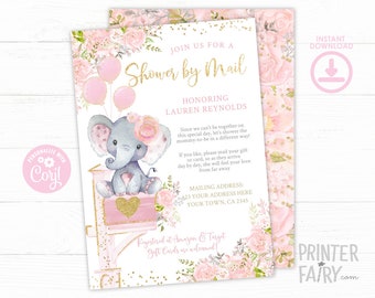 Elephant Baby Shower by Mail Invitation, Editable Template (Digital Download)