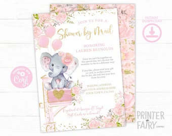 Baby Shower by Mail Invitation, EDITABLE, Elephant Baby Shower Invitation, Virtual Baby Shower, Mail Baby Shower Invites, Instant Download