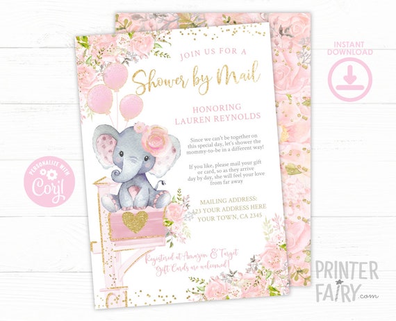 Baby Shower by Mail Invitation, EDITABLE, Elephant Baby Shower Invitation, Virtual Baby Shower, Mail Baby Shower Invites, Instant Download Il_570xn