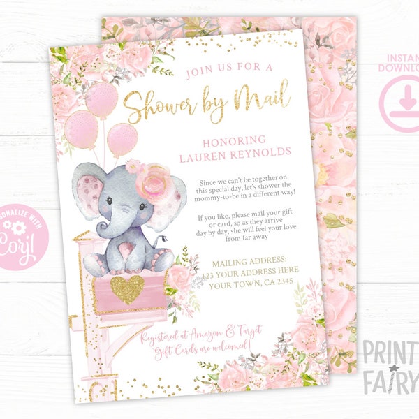 Baby Shower by Mail Invitation, EDITABLE, Elephant Baby Shower Invitation, Virtual Baby Shower, Mail Baby Shower Invites, Instant Download