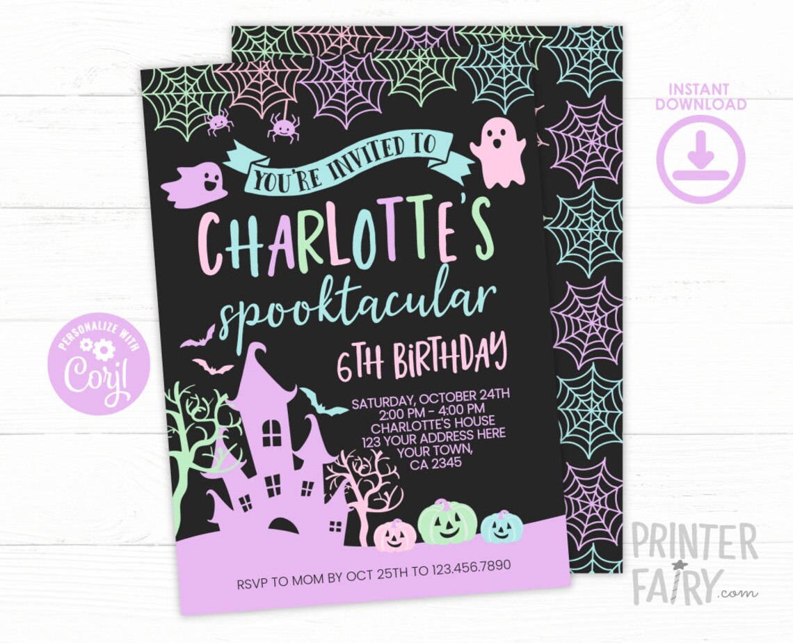 Pink Halloween Birthday Invitation EDITABLE Spooktacular Etsy