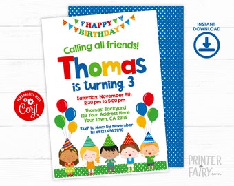 Birthday Party Invitation, Editable Birthday Invitation, Cake Invitation, Balloon Birthday Invitation, Park Invitation, INSTANT DOWNLOAD