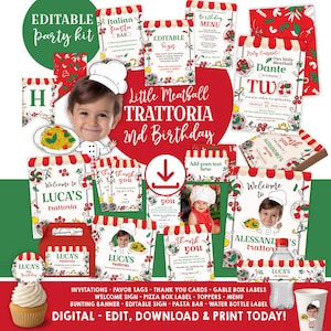 Kit para festa de 2 anos de Little Meatball, modelo editável, convite para festa de pizza italiana, etiquetas de agradecimento, etiquetas para caixa de pizza, download instantâneo