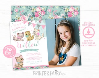 EDITABLE Vintage Floral Kitty Cat Birthday Invitation with photo, Pet Adoption Party, Kitten Invitation, EDIT YOURSELF Digital Invite