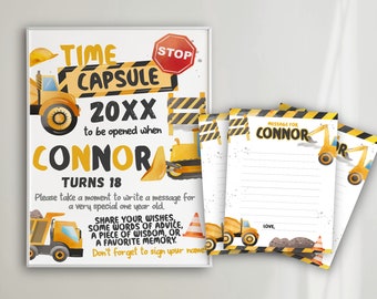 First Birthday Construction Theme Time Capsule: Dump Everything Party Keepsake, Editable Dump Truck Party Decoration, Instant Download