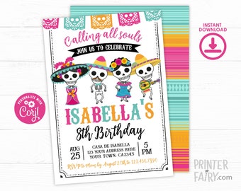 Day of the dead Invitation, EDITABLE, Dia de los Muertos Birthday, Mexican Birthday Party, Day of the dead party, INSTANT DOWNLOAD