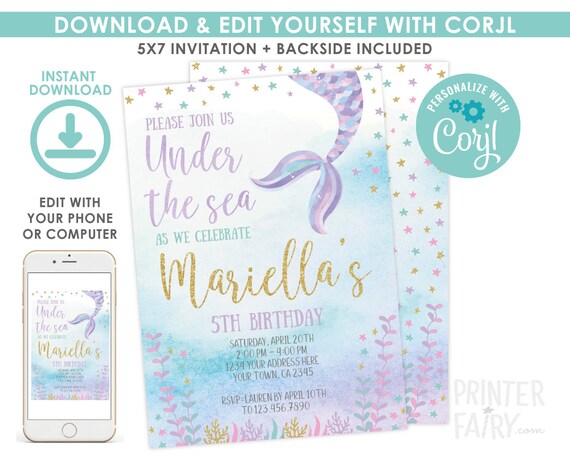 Mermaid Invitation, Under the Sea Birthday Party, Mermaid Birthday Party, Under the Sea Invitation, EDIT YOURSELF Digital Invitation Il_570xn