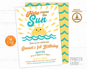 Here Comes the Sun First Birthday Invitation, Editable Template, Birthday Boho Sunshine Party, 1st   Birthday Party Invitation, Sun Birthday