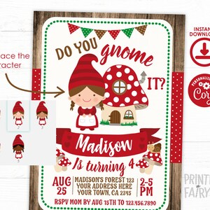 Gnome Birthday Invitation, Editable Character, Woodland Birthday Party, Forest Birthday Invitation, Gnome Invitation, INSTANT DOWNLOAD image 2