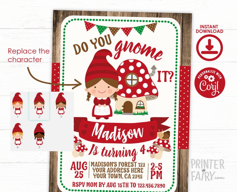 Gnome Birthday Invitation, Editable Character, Woodland Birthday Party, Forest Birthday Invitation, Gnome Invitation, INSTANT DOWNLOAD image 2