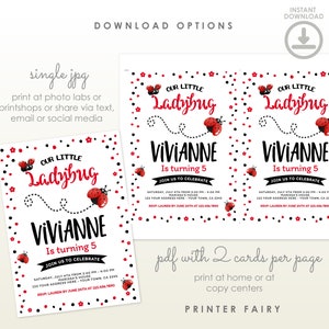 Pode incluir: Convite imprim&iacute;vel para uma festa de anivers&aacute;rio de 5 anos com tema de joaninha. O convite apresenta uma joaninha vermelha com manchas pretas e o texto "Our Little Ladybug" e "Vivianne faz 5 anos".