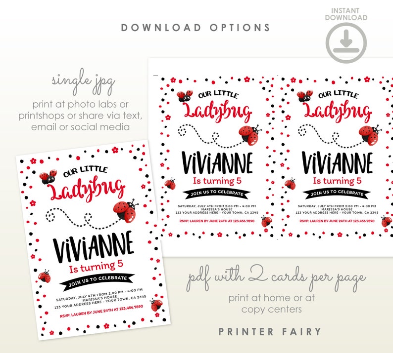 Pode incluir: Convite imprim&iacute;vel para uma festa de anivers&aacute;rio de 5 anos com tema de joaninha. O convite apresenta uma joaninha vermelha com manchas pretas e o texto "Our Little Ladybug" e "Vivianne faz 5 anos".