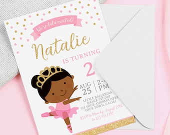 May include: A pink and gold birthday invitation with a cartoon ballerina. The invitation says "We're tutu excited!" and "Natalie is turning 2". The invitation also includes the date and time of the party, the location, and RSVP information.