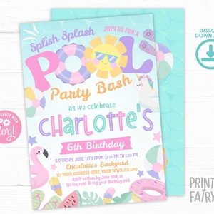 Pool Birthday Party Invitation, EDITABLE, Summer Birthday Party, Splish Splash, Swimming Pool Party, Flamingo Float, Summer, PoolPartyPastel