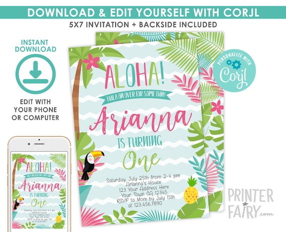 Luau Invitation, EDITABLE, Beach Birthday Party, Luau 1st Birthday, Luau BirthdayParty, Tropical Invitation, EDIT YOURSELF Digital Invite Il_570xn
