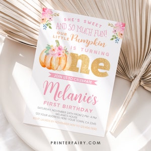 Little Pumpkin First Birthday Invitation, EDITABLE, Little Pumpkin Birthday Party, Fall Invitation, Floral, EDIT YOURSELF, Instant Download