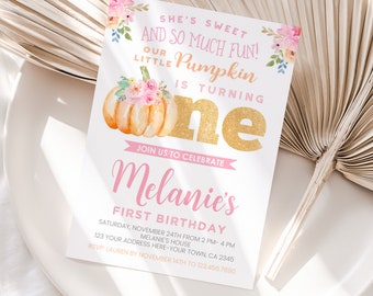 Little Pumpkin First Birthday Invitation, EDITABLE, Little Pumpkin Birthday Party, Fall Invitation, Floral, EDIT YOURSELF, Instant Download