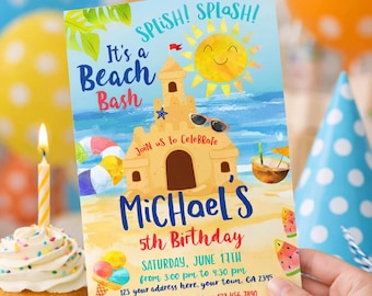 Beach Sand Castle Birthday Party Invitation Editable Template INSTANT DOWNLOAD