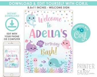 Narwhal Welcome Sign, EDITABLE, Narwhal Birthday Party Decorations, Under the Sea Birthday, Mermaid Birthday, Editable Sign, EDIT YOURSELF