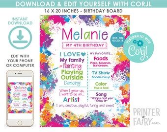 Art Birthday Board, EDITABLE, Art Birthday Party, EDIT YOURSELF Digital Birthday Board, Art Sign, Any Age, Painting Party, Instant Download