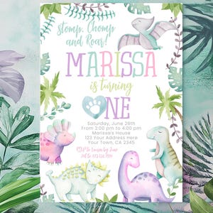 Dinosaur First Birthday Invitation, EDITABLE, Girl 1st Birthday Invitation, Dinosaur Birthday Party, Stomp Chomp and Roar,  INSTANT DOWNLOAD