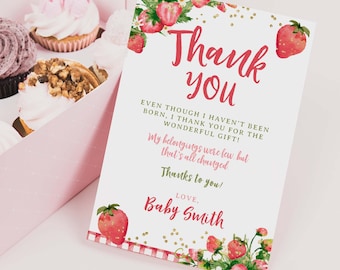 Strawberry Baby Shower Thank You Card, Editable, Some One Berry Sweet Is On The Way, Girl Baby Shower, Strawberry Baby Sprinkle Thank You