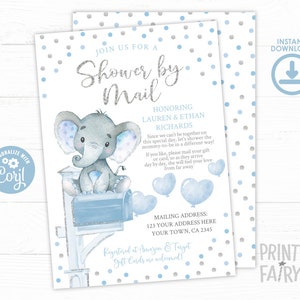 Invitación para baby shower por correo, editable, invitación para baby shower de elefante, baby shower virtual, invitaciones para baby shower por correo, descarga instantánea